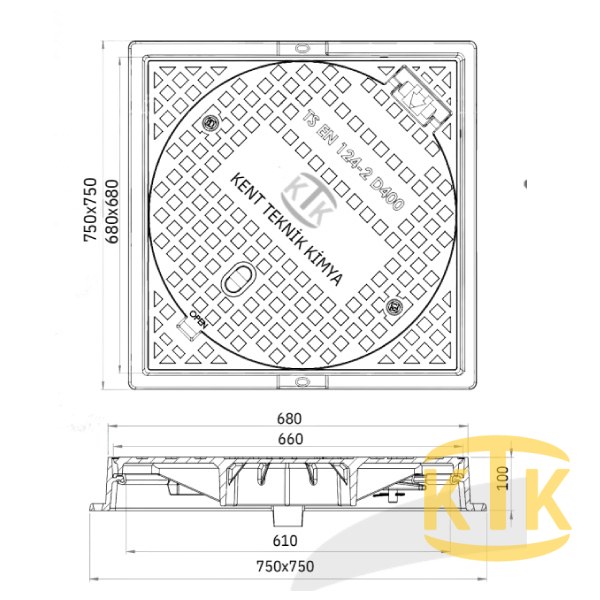 Döküm Rögar Kapağı Takımı Ø600 mm (kare çerçeve) B125 (DKT-600-B4) - Fibretech Kompozit